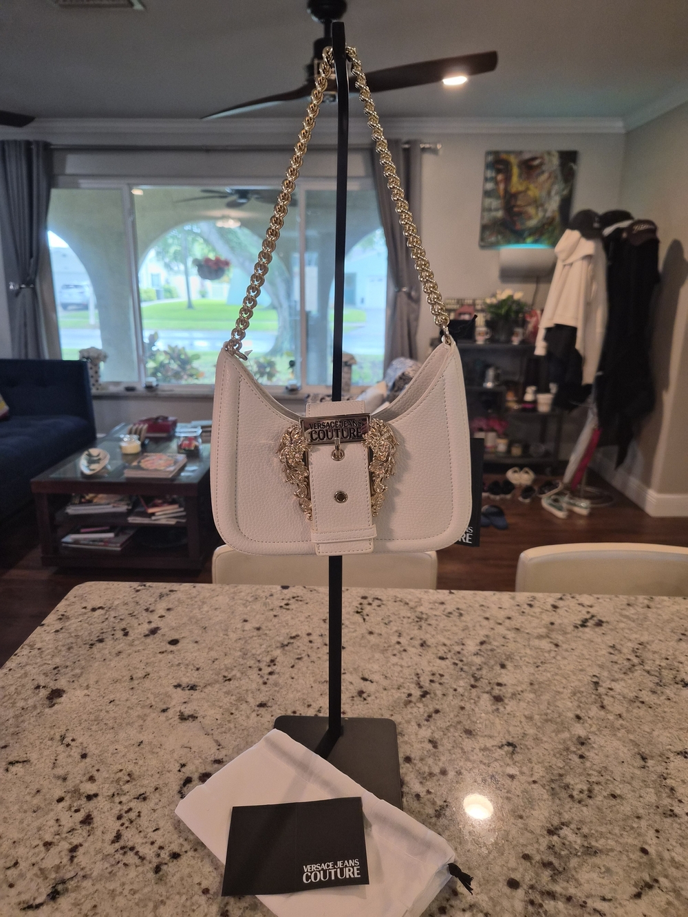 Versace Jeans Collection White Leather Shoulder Bag with Gold Chain
